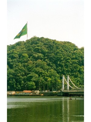 Ponte Pênsil com o Morro dos Barbosas e Bandeira do Brasil